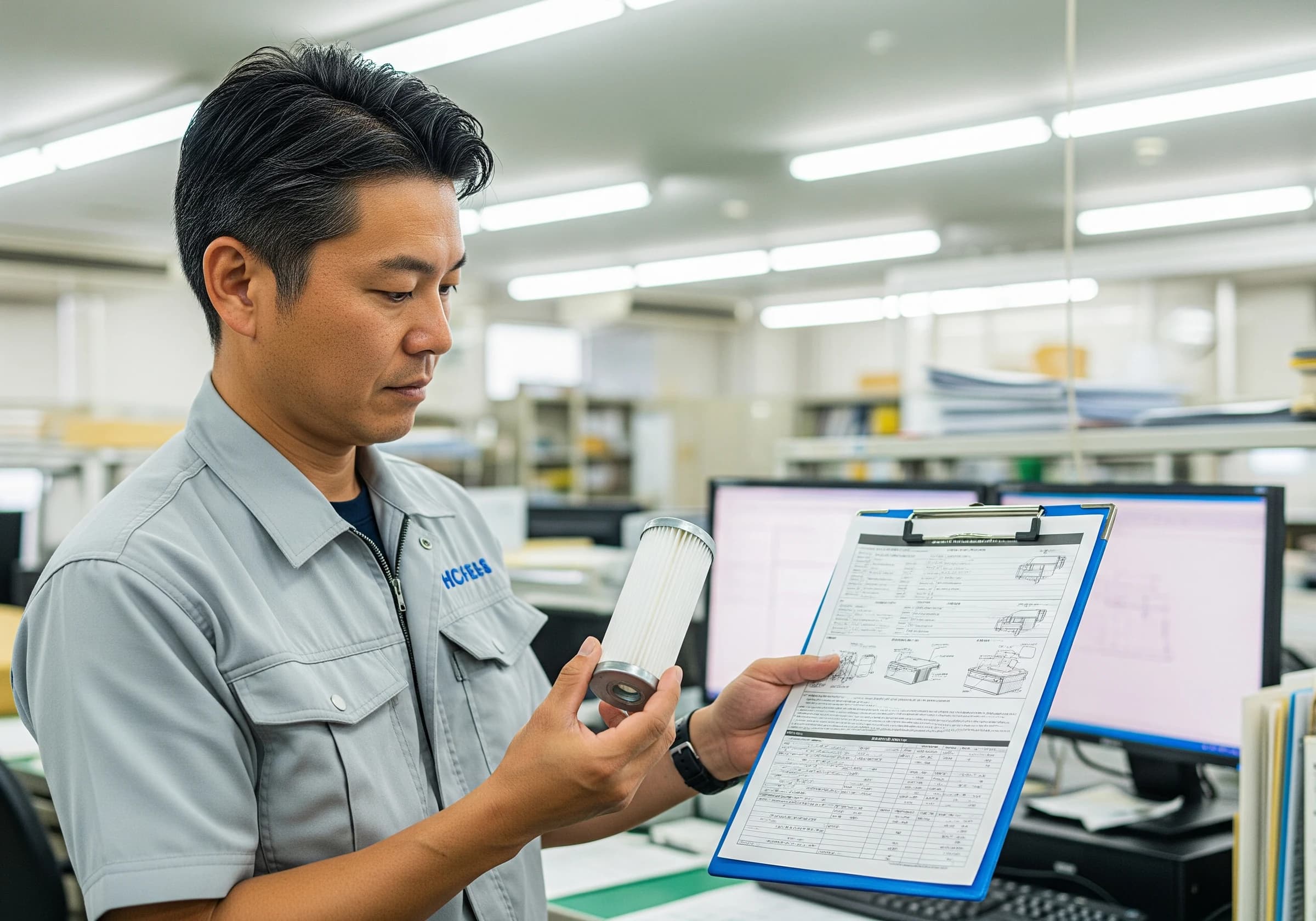 仕様書と部品を照らし合わせて適合を確認する担当者